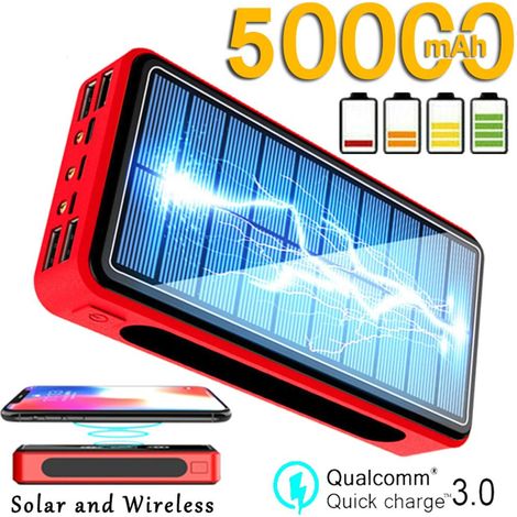 Batterie externe solaire étanche de grande capacité (50 000 mAh), chargeur sans fil portable résistant aux chutes, avec lampe LED et 4 ports USB. (1/5)