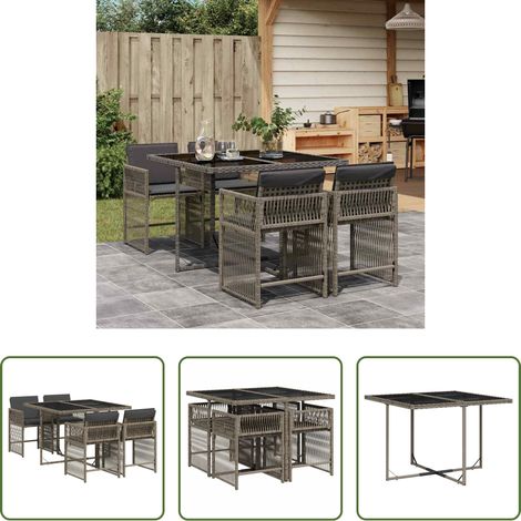 Gartentisch - 5-tlg. Garten-Essgruppe mit Kissen Grau Poly Rattan (1/5)