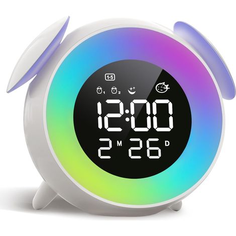 Réveil Enfant, Reveil Enfant Educatif Jour/Nuit avec Veilleuse 15 Couleurs, Snooze, 2 Alarme, Mode Semaine/Week-End, Reveil Numérique pour Filles et Garçons