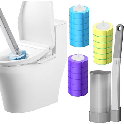 Kit de Nettoyage Hygiénique Avec Brosse de Toilette Jetable 2025 - pour Toilettes, Lavabo, Baignoire - Têtes de Rechange (Grise + 3 Parfums) (1/5)