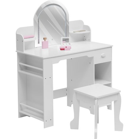 Coiffeuse Princesse avec Miroir Lumineux et Tabouret –Table de Maquillage en Bois +Étagère à Livres,Tiroir et Étages Ouverts-Blanc (1/5)