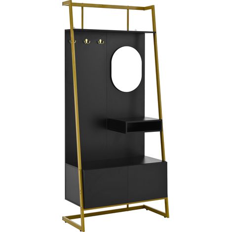 Meuble d'entrée gain de place noir avec miroir, crochets métalliques et meuble à chaussures (1/5)