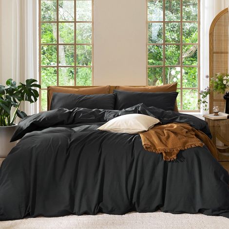 Parure de lit avec Housse de Couette 100% Coton lavé, Aspect Lin texturé, Respirant, Durable, Doux et Confortable (Noir uni, Grand lit, 228,6 x 228,6 cm) (1/5)