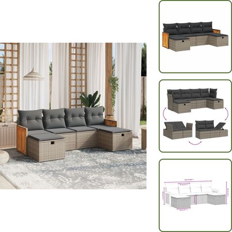 6-tlg. Garten-Sofagarnitur mit Kissen Grau Poly Rattan - Gartensortiment - Outdoor Möblierung - Gartenlounge - Lounge Set - Rattan Sessel (1/5)