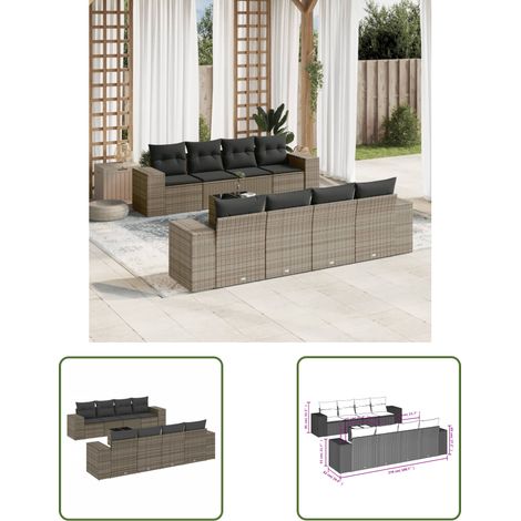 The Living Store Salon de jardin 9 pcs avec coussins gris résine tressée - Ensemble Salon De Jardin - Meuble De Jardin - Résine Tressée - Rotin Synthétique - Mobilier Extérieur (1/3)