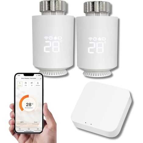 Cabezal termostático inteligente: control de temperatura mediante la aplicación Tuya, programación, detección de ventana abierta. Compatible con asistentes de voz (2, con Gateway). (1/5)