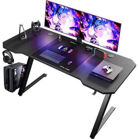 GTPLAYER Bureau Gaming 120 x 60 cm, Bureau Gamer avec Tapis de Souris, Table Gaming PC en Fibre de Carbone avec Crochet pour Casque, Modèle de base