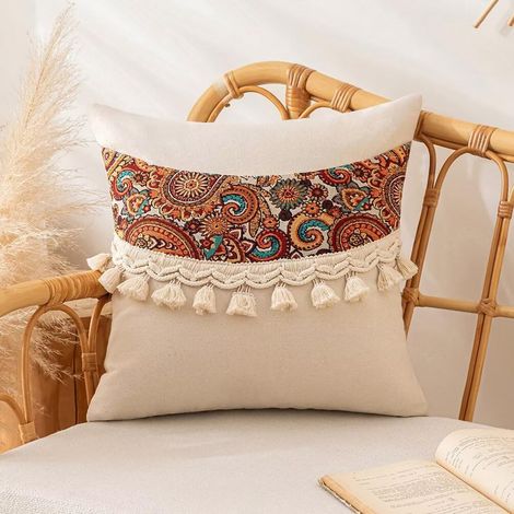 Lot de 2 housses de coussin décoratives carrées style bohème vintage en jacquard pour salon, canapé, lit, 45 x 45 cm