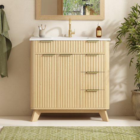 Meuble sous vasque 81 cm avec lavabo en céramique, 3 tiroirs et 2 portes à fermeture douce, décor vague bois clair, étagère intérieure, pour salle de bains - CHICFURN (1/5)