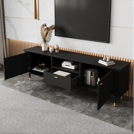 Meuble TV en MDF noir 170 x 36 x 54 cm avec 2 portes, 1 tiroir, niche ouverte et charnières Soft-Close (1/5)