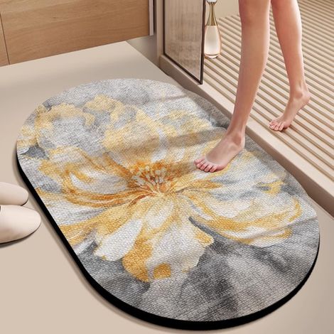Tapis de bain en terre de diatomée – Absorbant, antidérapant et résistant à la saleté, forme ovale irrégulière 40 x 60 cm, design 3D fleur épanouie – Idéal pour salle de bain, douche et spa-lsw