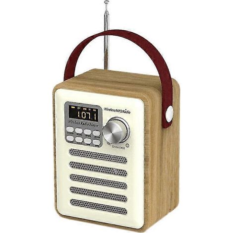 Radio FM rétro en bois avec poignée et fonction haut-parleur Bluetooth, marron (1/5)