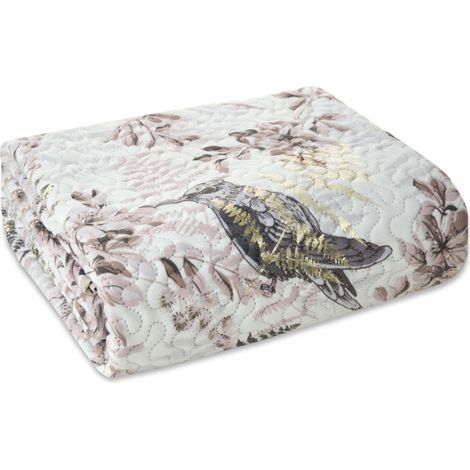 Colcha de poliéster de 170x210 cm con estampado de flores, ramitas y pájaros. (1/5)