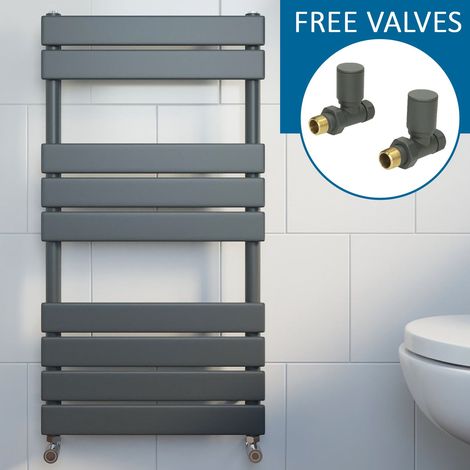 Anthracite Flat Panel Heated Towel Rail Grey Bathroom Radiator 950 x 500mm & Straight Valve