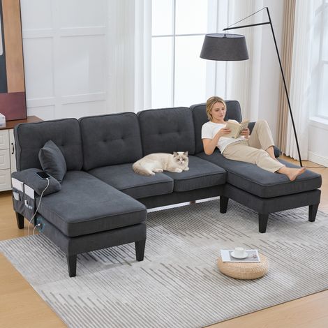 Großes U-förmiges 4-Sitzer Sofa aus weichem Leinenstoff, moderne Rückenlehne,mit zwei Chaise-Lounges,stabile Füße und kuschelige Sitzkissen mit Dekokissen – elegant für jedes Wohnzimmer.Dunkelgrau