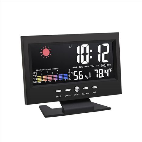 Wetterwecker 8082T mit großem Farb-LCD-Display – Wetterstation für den Innenbereich mit Temperatur- und Luftfeuchtigkeitsanzeige, Sprachsteuerung, Kalender und Doppelalarm – Ideal für Schlafzimmer, Wo
