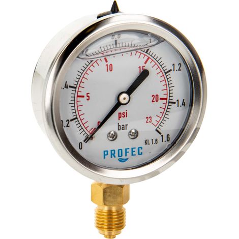 Profec Manometer 0 - 1,6 bar, Glyzeringefüllt, Ø 63 mm, 1/4 Zoll Anschluss nach unten Radial, Überdruck-Manometer