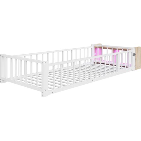Cama infantil de metal 90 x 200 cm con barandilla, almacenamiento abierto y LED, blanca (1/5)