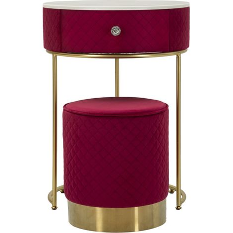 Comodino Toletta con Puff Vellit in Velluto Rosso e Base Oro, 2 Pz - Arredo Elegante per Camera da Letto