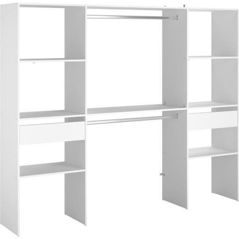 Dressing double ARTIC 220 cm – 2 colonnes avec tiroirs et étagères – Décor blanc – Penderie pour espaces optimisés – Ekipa