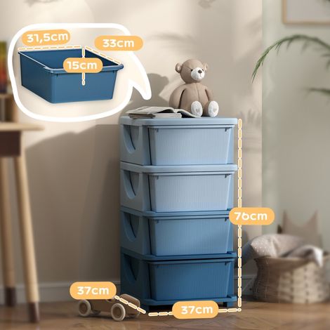 Boîte de rangement enfants 4 tiroirs plastique bleue, bords sûrs arrondis, motif relief, rangement jouets chambre, meuble pratique. (1/5)