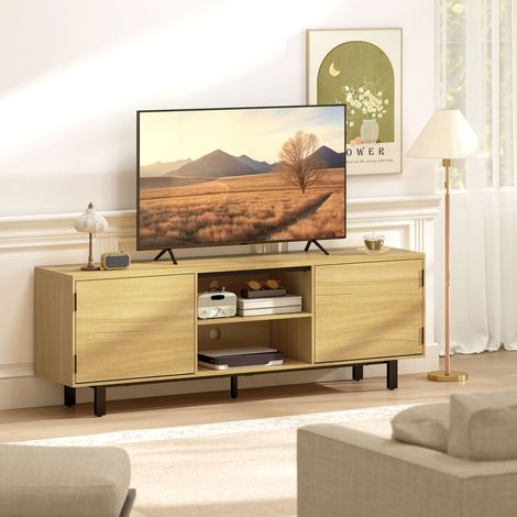 Meuble TV. meuble télé jusqu'à 65 pouces. 2 portes à ouverture par pression et 2 étagères. 160x35x55.5cm. bois naturel