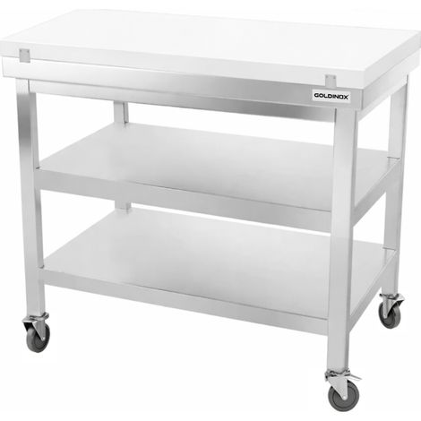 Table de travail en inox 1000x700 mm avec plaque de découpe blanche et 2 étagères sur roulettes PREMIUM - GOLDINOX (1/4)