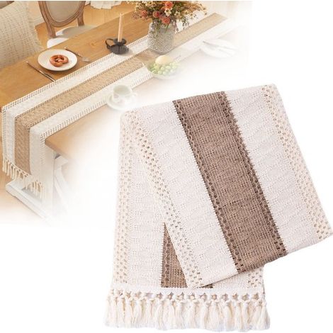 Chemin de table bohème 30 x 305 cm, nappe décorative lavable pour table, motif adapté à Noël et aux repas quotidiens, beige (1/5)