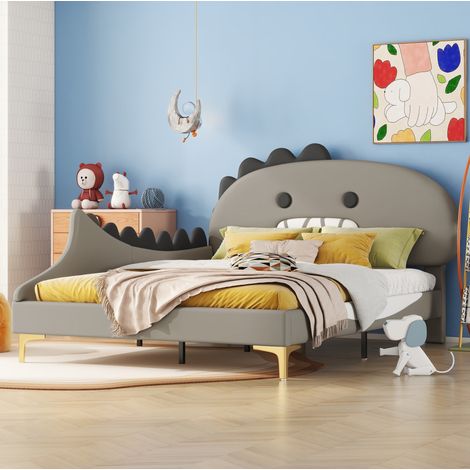 Lit enfant 140x200 dinosaure PU et MDF gris HAVRYA (1/5)
