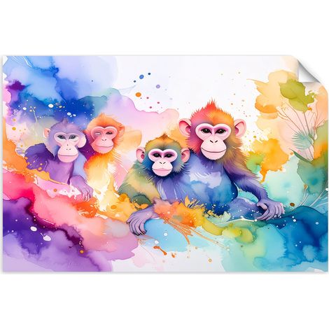Selbstklebendes Poster – Wandsticker Bunte Affen im Dschungel Aquarell 60x40 cm