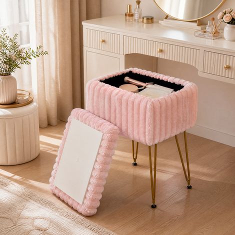 2-en-1 Tabouret de Coiffeuse à Couvercle Réversible Pouf Rangement en Fausse Fourrure avec Compartiment et Pieds Métal, Charge160 kg, Rose (1/5)