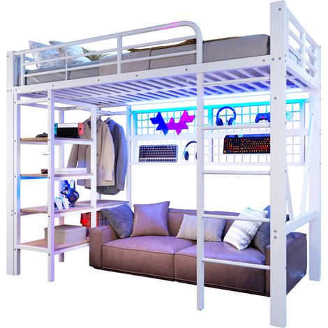 Lit mezzanine 90x200 cm métal et MDF blanc avec LED, étagère et filet de rangement, barre/étendoir (1/5)