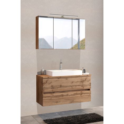 Badmöbel Waschplatz Set 100 cm PESARO-03 in Wotan Eiche Nb. inkl. Aufsatzwaschbecken, B/H/T: ca. 100/200/48 cm (1/5)
