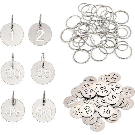 50 étiquettes numérotées rondes en acier inoxydable avec 50 anneaux porte-clés (1-50) (1/5)