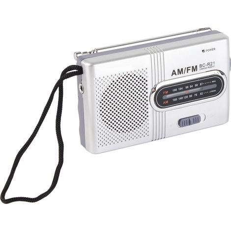 Tragbares 5-Watt-FM/AM-Radio mit Lautsprecher und langer Akkulaufzeit für Zuhause und unterwegs, Kopfhöreranschluss, Silbergrau