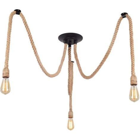 Suspension Luminaire Vintage,Suspension Industriel 3 douilles E27,Réglable Lustre avec corde de chanvre pour Salle à Manger,Salon,Chambre Café Bar(sans ampoules) (1/5)