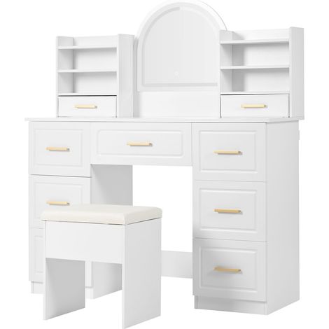 Coiffeuse avec miroir, coiffeuse avec éclairage LED, table de maquillage avec 9 tiroirs, meuble de toilette blanc, pour salon et chambre, 120x40x135cm
