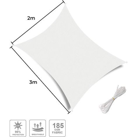 Sonnensegel (HDPE, 180 g/m²), rechteckig, 2 x 3 m, Sonnenschutzgewebe, 98 % UV-beständig, für Gartenterrasse, weiß, 2 x 3 m (1/4)