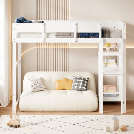 Cama alta con estante (204x96x160 cm), diseño que ahorra espacio, con barandillas de seguridad, madera, blanca (1/5)