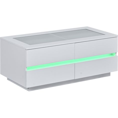 Tavolino da caffè bianco moderno 100x50x40 cm con 4 cassetti, LED e piano in vetro temperato (1/5)