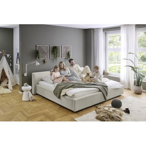 Meise Möbel Polsterbett Cube 240x200 cm Bettgestell Kopfteil glatt Cordstoff Beige Holzfuß schwarz (1/5)