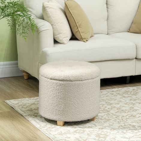 Banco baúl redondo Ø45 x 41 cm en poliéster crema, estructura de madera, para recibidor – MEUBLIV (1/5)