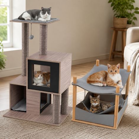 Bamboo Cat Comfort Set (2-Piece) – 94 cm Sisal Cat Tree & 2-Level Raised Cat House (1/5)