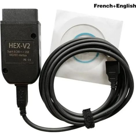 Câble de diagnostic Hex V2 - Compatible VW Audi Skoda Seat - Anglais + Français - Noir