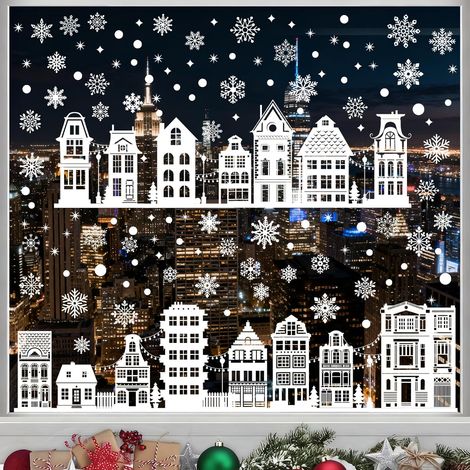 JSSEVN - Christmas Window Stickers, 9 Sheets - Electrostatic Christmas Window Stickers, Reusable Christmas Window Stickers with House and Snowflakes (1/5)