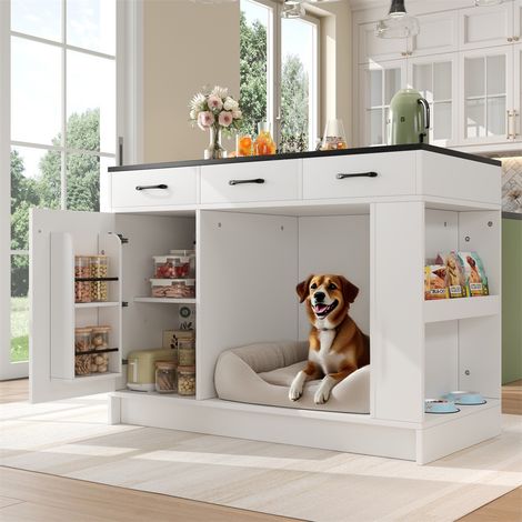 Îlot de Cuisine Multifonction - 120x60x90cm - avec Niche pour Animaux et 3 Tiroirs - Plan de Travail Moderne - Blanc Épuré (1/5)