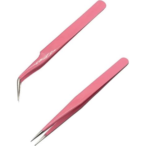 2 Pinces à Cils, Acier Inoxydable, Pointe Droite et Courbée, Précision Extension Faux Cils