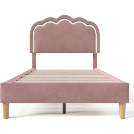 Lit rembourré LED simple 90 x 200 cm, cadre de lit avec sommier à lattes et tête de lit réglable, lit capitonné rose, cadre de lit pour chambre et chambre d'amis, velours (1/5)