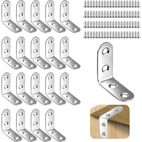 Lot de 20 raccords d'angle en métal - 90° - 40 x 40 mm (4 trous) - En acier inoxydable - Petit angle avec vis de 80 ° - Pour renforcement de meubles en bois, tables, chaises, armoires (1/5)