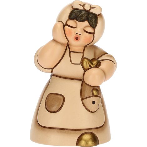 THUN - Donna con Pesce in Ceramica Decorata a Mano, Colore Champagne, Linea Presepe Classico, Decorazioni Natale Casa, 5x4.6x8.2 cm h